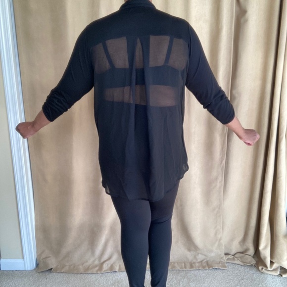 August Silk Woman Cardigan, Sheer Back, Black, 3/4 Ruched Sleeves, Size 1X - Picture 3 of 16